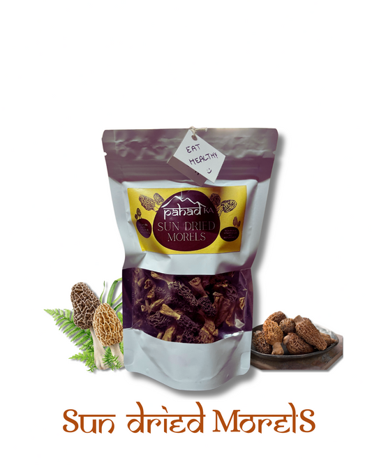 Packaged sun dried morels with a visible brand label on a white background