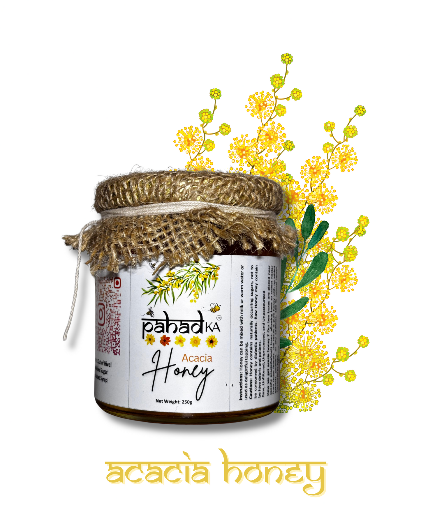 Jar of acacia honey with a decorative label and flowers on a white background